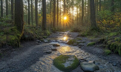 Obraz premium serene forest clearing where sunlight filters through the trees onto a bubbling brook and mossy stones, Generative AI