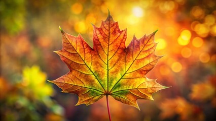 Obraz premium Autumnal Maple Leaf Illuminated by Warm Sunlight, a Symbol of Seasonal Change and Natural Beauty