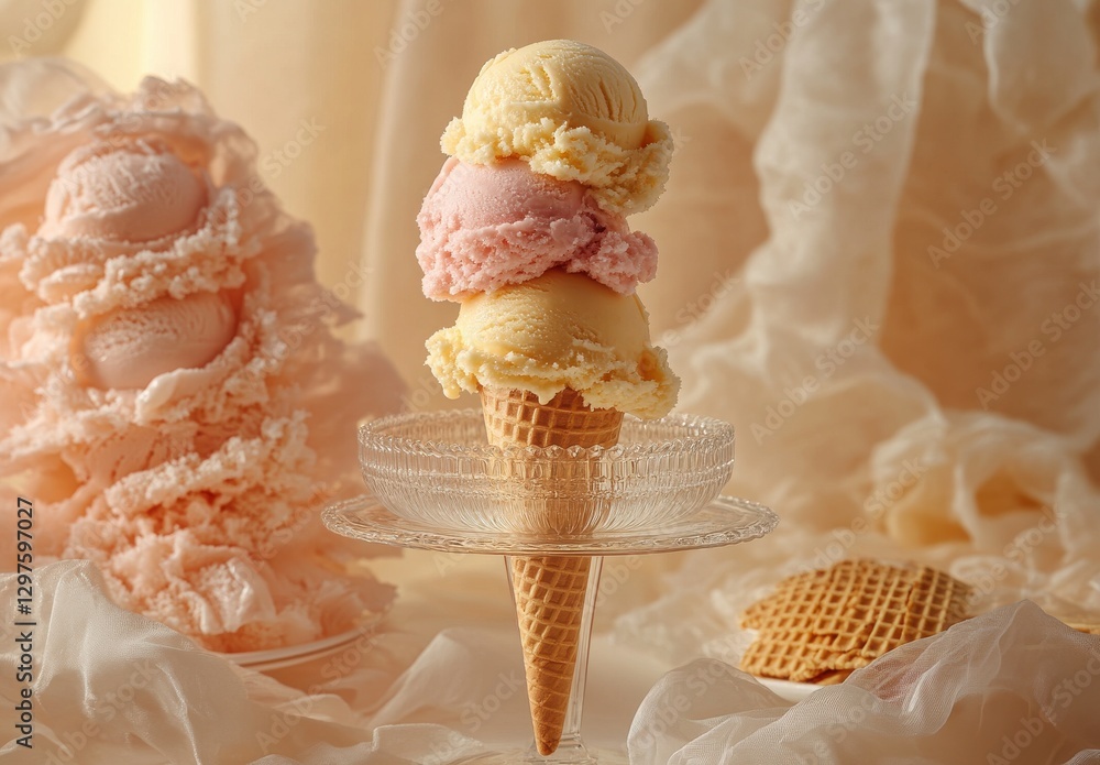 Poster a delightful display of ice cream scoops stacked on a cone surrounded by soft drapes and wafers in a