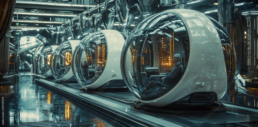 Poster futuristic pods in a sleek high-tech environment with reflective surfaces and intricate lighting des