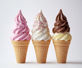 A Delightful Trio of Ice Cream Cones Featuring Pink, White, and Brown Swirls, Perfect for Summer Treats and Dessert Promotions in a Clean Background