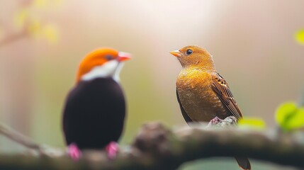 Naklejka premium Spring Birds on Branch Golden Black Wildlife Photography Nature