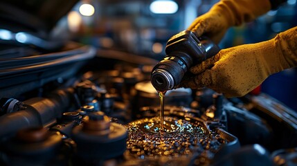 A mechanic changing motor oil in a car engine compartment