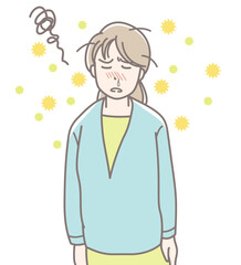 花粉症による鼻づまりでフラフラの女性のイラスト