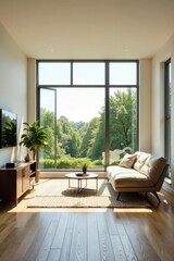 Fototapeta premium Serene Living Room with Expansive View of Lush Greenery and Natural Sunlight Streaming Through Floor-to-Ceiling Windows