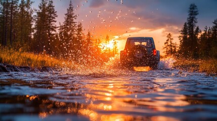 Vehicle Splashing Through Stream at Sunset in Forest