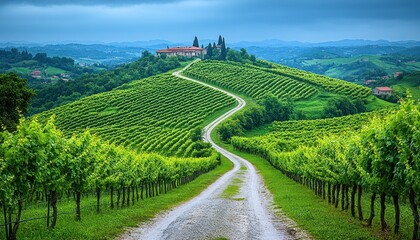 Scenic Vineyard Landscape with Rolling Hills and Dramatic Sky in Italy