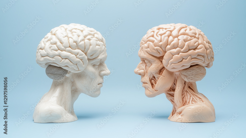 Poster brain anatomy: a close-up studio shot presents detailed anatomical models of human brains, facing ea