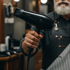 the Barber's hand holds a black hair dryer