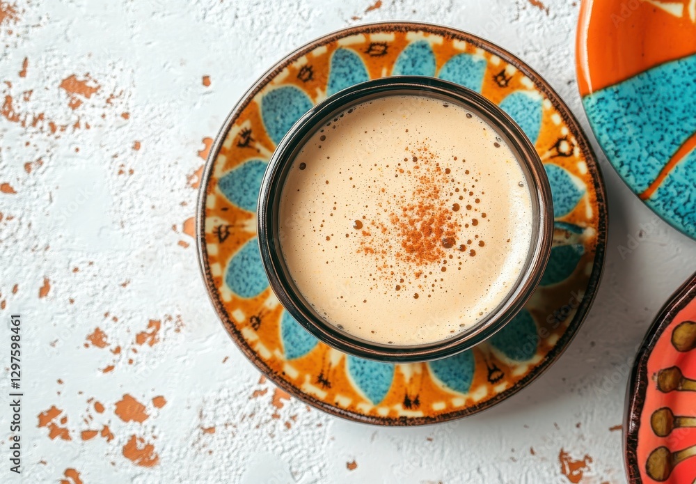Poster aesthetic overhead view of a cup of coffee with beautiful foam patterns on artisan plate surrounded 