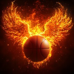 Fototapeta premium A dynamic and captivating image featuring a basketball with fiery wings, symbolizing power and passion in sports