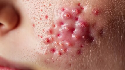 Fototapeta premium Close-up Image of Acne Lesions on a Child's Face with Red Bumps