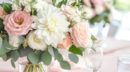 Elegant floral arrangement featuring pink and white roses with greenery on a table setting