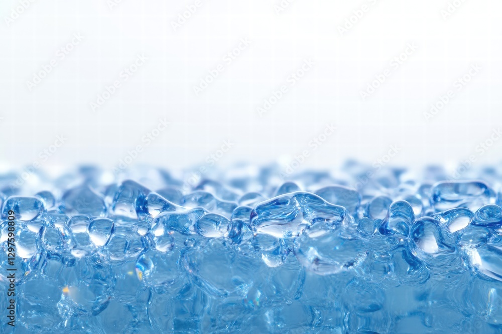 Poster clear blue gel beads reflecting light on a smooth surface during daytime. generative ai