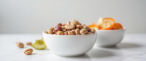 Healthy snack bowls of nuts and dried fruits on a kitchen counter