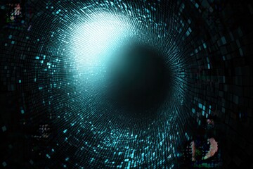 Teal And Black Pixelated Vortex With Bright White Light