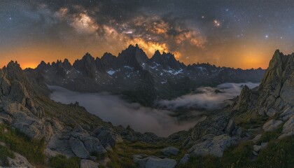 Majestic Night Sky Over Rugged Mountain Peaks Surrounded by Wispy Clouds and Stars