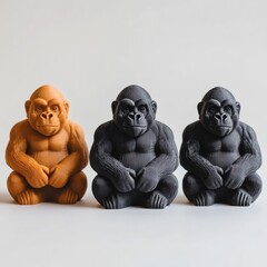 Fototapeta premium 3D Printed Gorilla Toys in Three Colors on White Background
