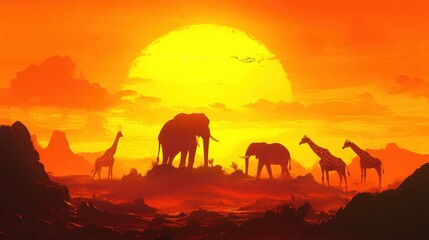 Vivid orange-yellow sunset bathes horizon; majestic giraffe silhouette stands proud beneath the glowing central sun's radiant embrace