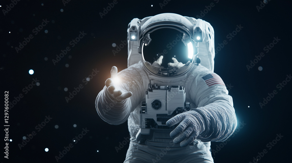 Poster astronaut in space: an astronaut floats in the blackness of space, reaching out towards a glowing sp