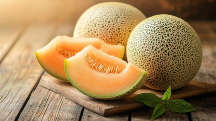 Fresh Cantaloupe Slices with Whole Fruits on Wooden Background
