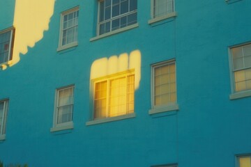 Fototapeta premium Teal Building Sunset Glow Golden Light Illuminates Windowed Structure With Warm Light on Facade And