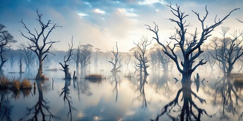 Obraz premium A mist-shrouded swamp landscape with twisted dead trees standing like skeletal sentinels amidst a sea of fog, their branches grasping towards an unseen sky , decaying nature, foggy landscapes