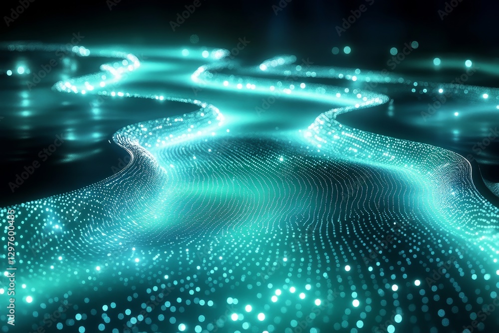 Poster futuristic abstract design featuring interconnected glowing nodes in shades of teal and blue, symbol