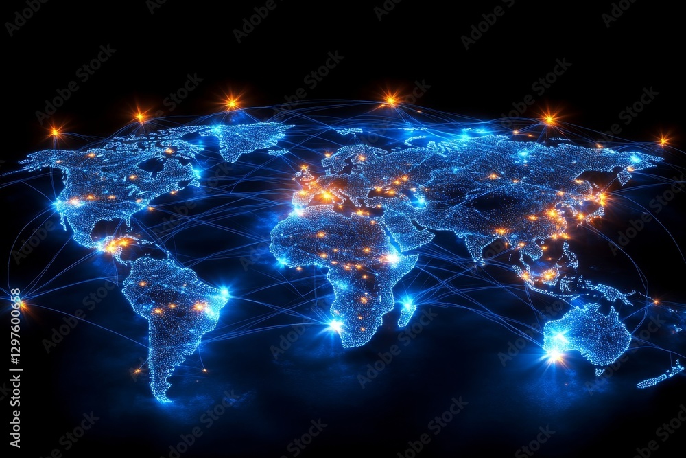 Poster abstract depiction of global connectivity using glowing nodes and lines, set against a dark blue tec