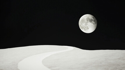 Moonlit Path: A solitary path winds across a textured landscape under the radiant glow of a full moon in a stark contrast of black and white, conveying a sense of mystery and solitude.