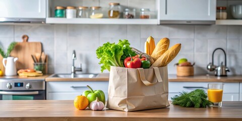 A grocery bag sitting on a kitchen counter with various food items and utensils scattered around it, home, everyday,  home