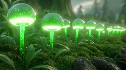 Luminous green mushrooms with glowing caps emerge from lush green moss and grass in a mystical forest setting. Soft lighting enhances the ethereal