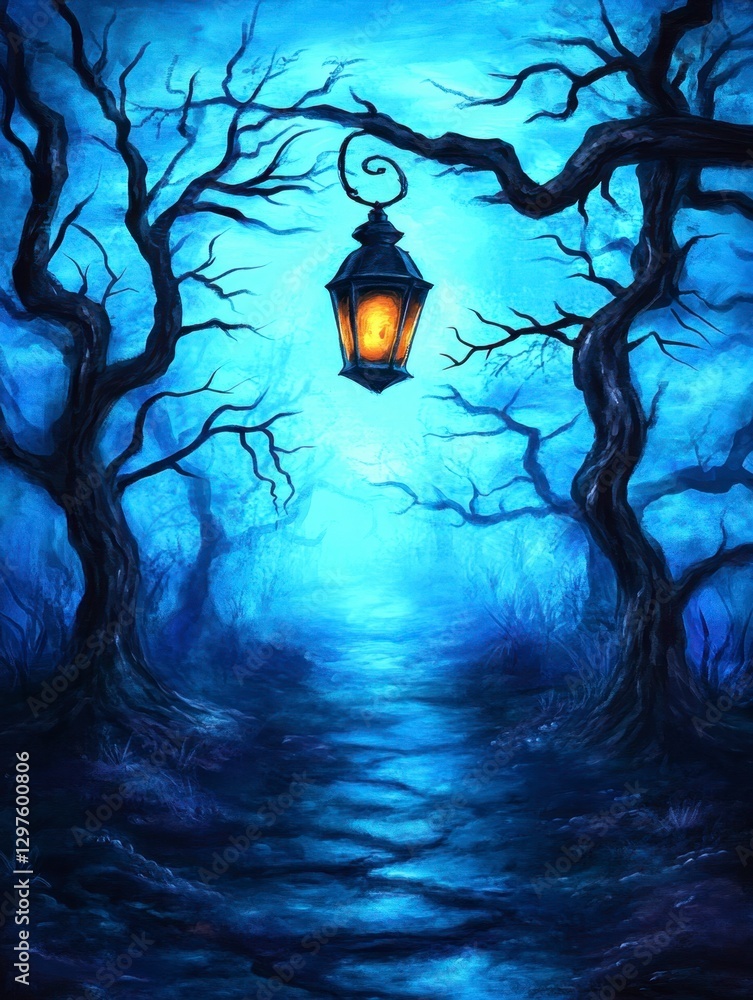 Poster a glowing lantern hangs between bare, dark trees on a path leading into a mysterious blue forest. ee