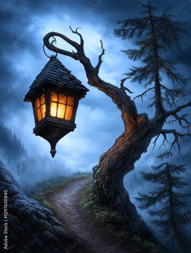 Aufkleber enchanted lantern glowing warmly on a twisted tree branch, illuminates a misty mountain path at twil