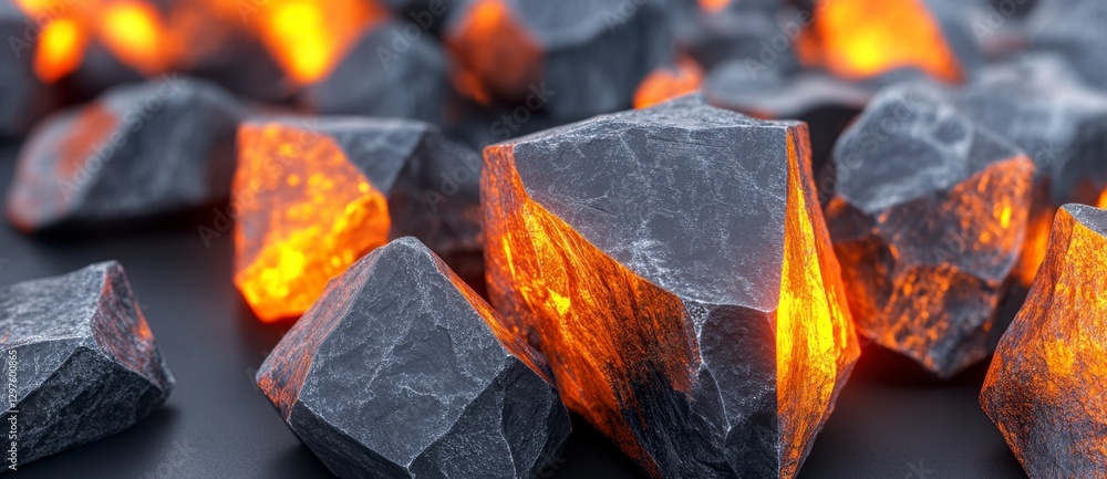 Poster glowing embers of gray and orange rocks, close up view. the texture is rough and uneven. illuminatio