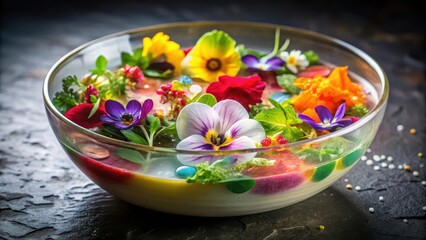 Aromatic flavors bursting out of a vibrant bowl filled with swirling liquids and garnished with edible flowers and microgreens, molecular gastronomy, creative cuisine