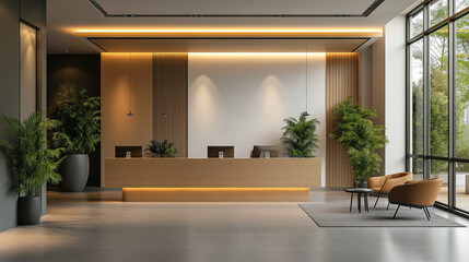 Fototapeta premium Modern office lobby with minimal design, embodying simplicity and professionalism in a clean, natural light setting.