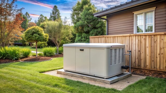 A home standby generator is installed in a suburban backyard with a roof-mounted electrical panel and fuel tank, electrical panel, backyard standy generator