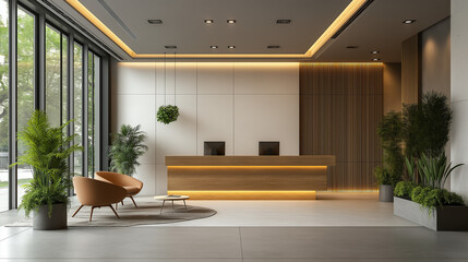 Modern office lobby with minimal design, embodying simplicity and professionalism in a clean, natural light setting.