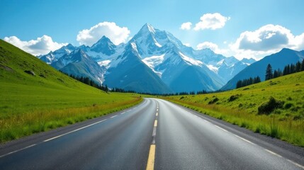 Naklejka premium Asphalt ribbon unwinding towards majestic snow-capped peaks under a vibrant summer sky, a scenic drive through verdant alpine meadows