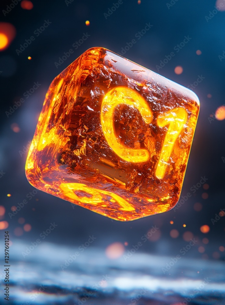 Poster amber glowing cube with numbers, floating against a dark, smoky background with light particles. int