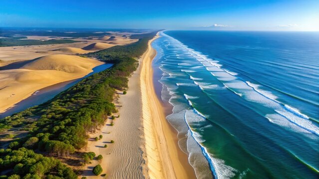 Breathtaking aerial view of Hossegor and Seignosse beach in France, with the Dune du Pilat sand dunes stretching along the shoreline , vacation, scenic