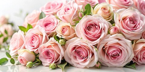 Fototapeta premium Soft pink roses in a lush floral arrangement on a elegant white background, feminine, wallpaper, feminine, wallpaper, luxury