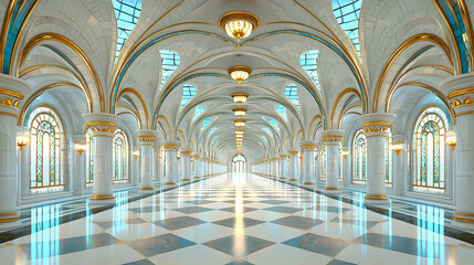 Fototapeta premium Symmetrical palace corridor features white marble columns with gold trim and a checkered floor.