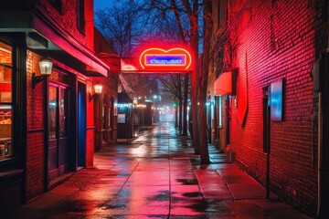 Fototapeta premium Neon Heart Sign Illuminates Foggy Street at Night in Urban Cityscape
