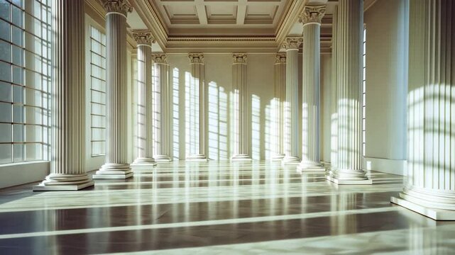 Elegant Grand Hall with Columns and Sunlight - Architectural Marvel