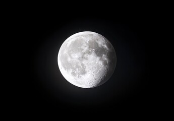 Obraz premium Close up view of a gibbous moon against a dark night sky. The moon's surface is clearly visible, showing craters and textures. The image has a high
