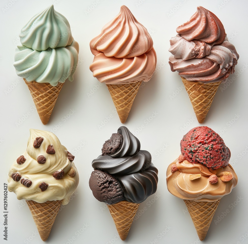 Poster assorted ice cream cones with multiple flavors displayed beautifully on a neutral background