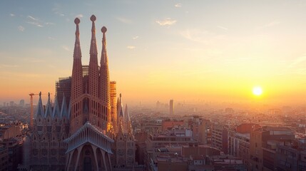 Sagrada Familia Sunset  Barcelona Cityscape Panorama