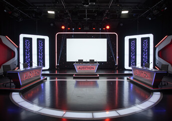 Fototapeta premium 近未来的なデジタルステージ、オーディション、討論、番組、スタジオセット、TVショー、イベント、背景素材、合成用スクリーン